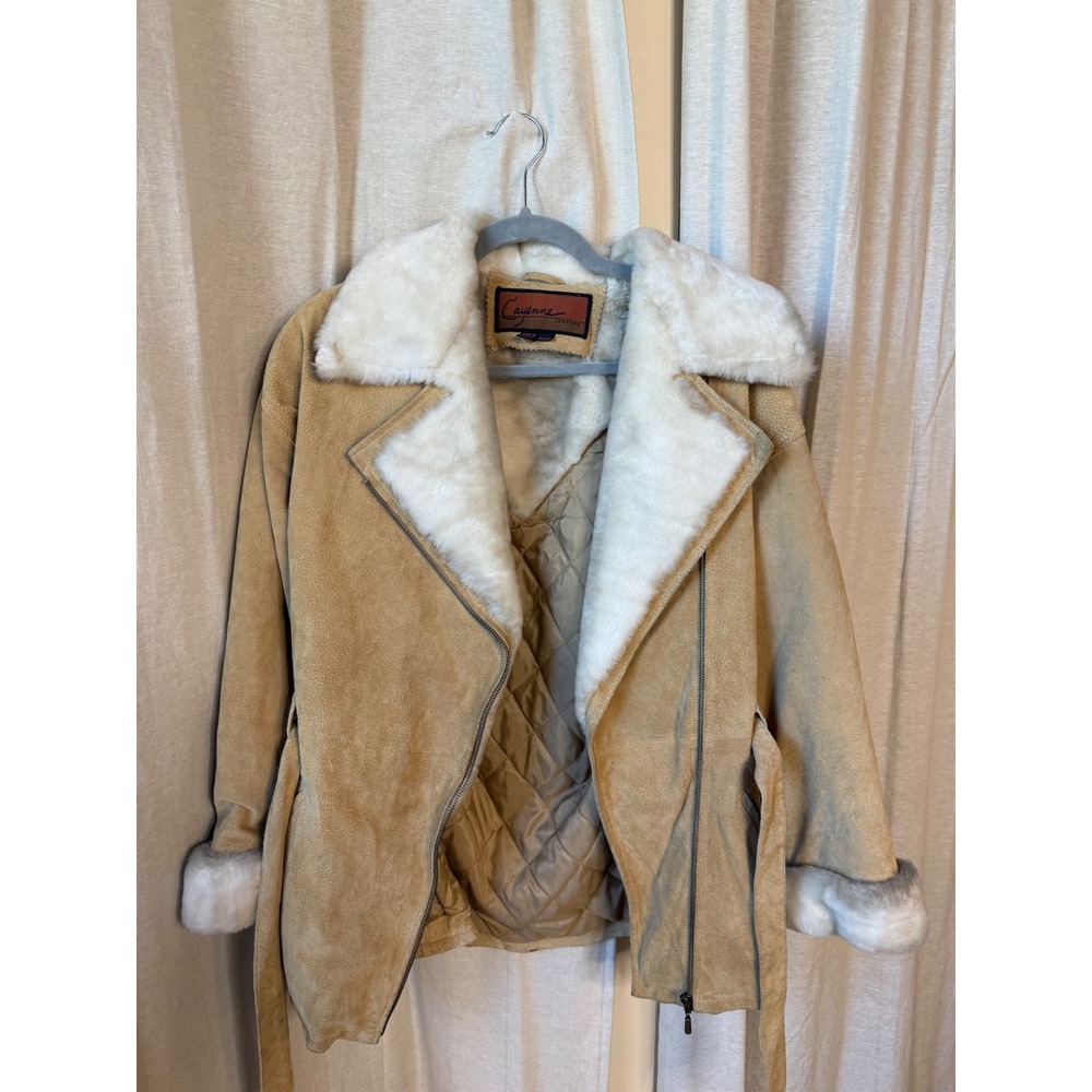 Y2K Vtg Leather‎ Fur Trim Tan Suede Belted Jacket Coat Small